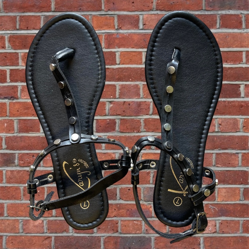 New Black Leather Studded Sandals